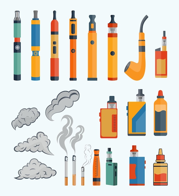 Vape 전자 담배 연기 삽화 및 클립 아트 거대한 최고의 컬렉션 세트.