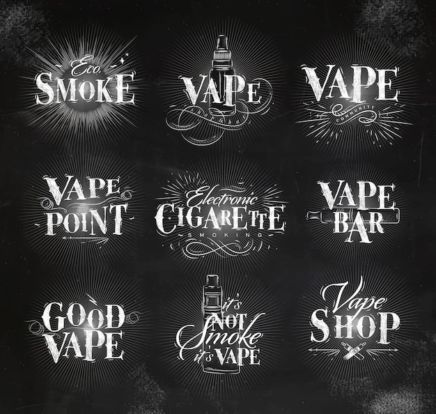 Etichette vape in vintage lettering fumo eco, barra vape, non fuma disegnando con il gesso