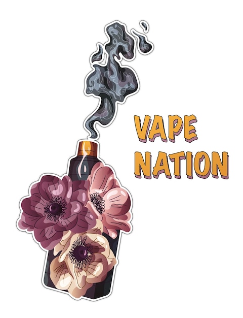 ベクトル 白い背景に分離された vape 国家ステッカー 煙 vape とアネモネの花の花束