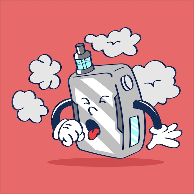 Vape Pod with Cute Face Cartoon Cough Character Hand Drawing Vector Vintage Style