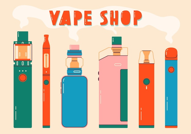 벡터 vape 상점 다채로운 세트입니다. 전자 담배 및 vape 세트입니다. 현대 벡터 일러스트 레이 션. 다양성