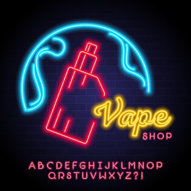 Vape shop electronic cigarette sign with neon light glowing element