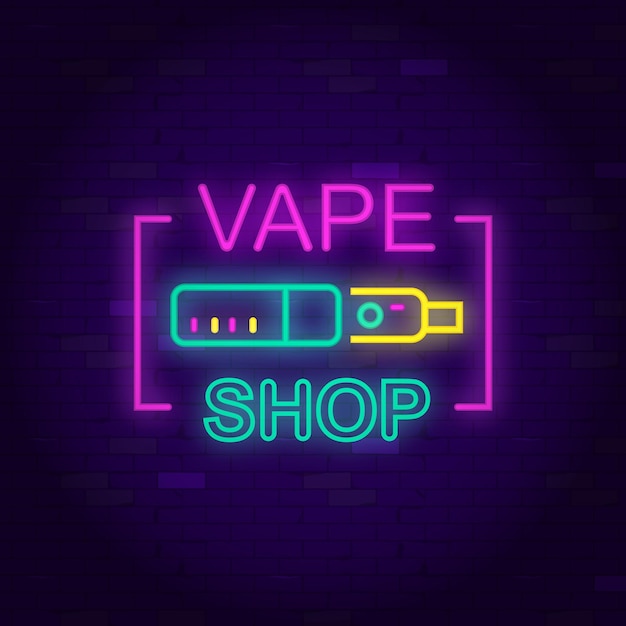 Vape shop neon sign Neon advertising signboard Night glowing banner for vape store Vector illustration EPS