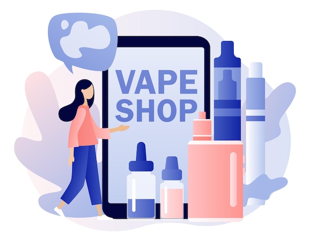 Вектор Вейп шоп онлайн. электронные сигареты. альтернативное устройство для курения. концепция вейпинга.