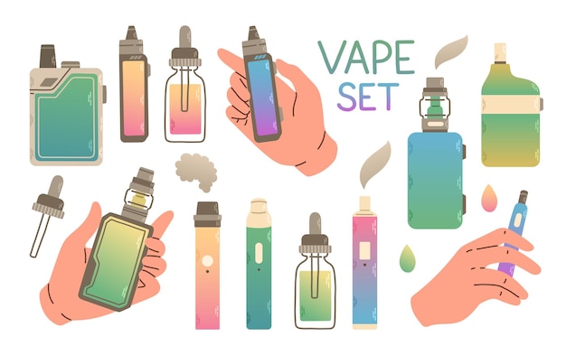 Vape winkel kleurrijke set. Elektronische sigaretten en vape set. Moderne vectorillustratie