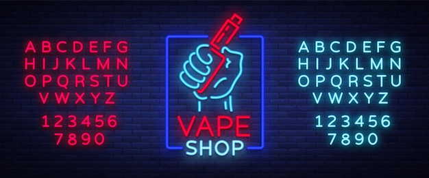 Vape winkel neon pictogram logo geïsoleerd vector illustratie neon teken een nacht gloeiende banner selling