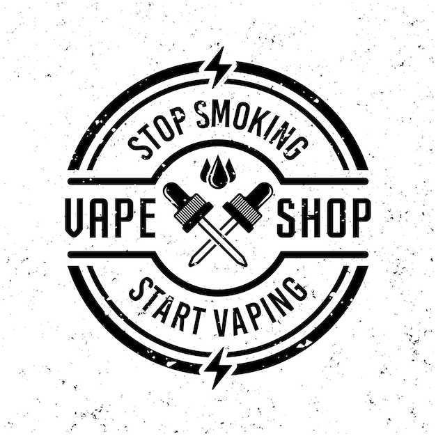 Vape winkel vector monochroom embleem label badge of logo in vintage stijl op achtergrond met verwisselbare grunge texturen