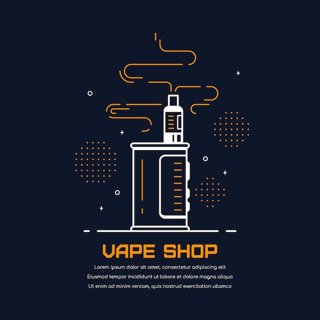 Vaping 상자 장치 키트 및 모드. 블랙에 고립 된 Vape 상점 디자인입니다. Vape 흡연 개념.