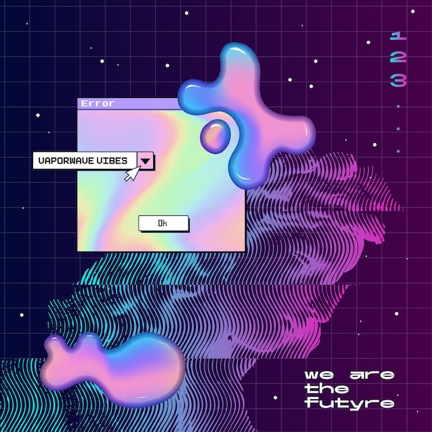 티셔츠 또는 의류를 위한 VaporWave 및 RetroWave 스타일의 컴포지션 프린트 포스트 모던 미학