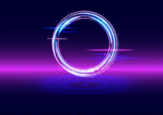 Vaporwave style retrofuturistic landscape with perspective grid and glowing circle