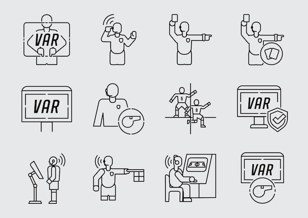 Tecnologia var con design del set di icone dell'arbitro con assistente video, giudice arbitro, giocatore mentre gioca a calcio, come il controllo del fuorigioco, il riferimento del cartellino rosso e giallo