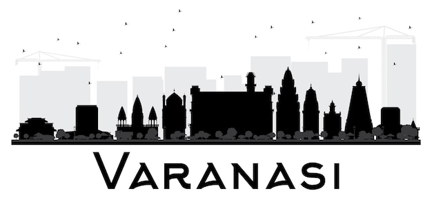 Varanasi City skyline zwart-wit silhouet. Vector illustratie. Eenvoudig plat concept voor toeristische presentatie, banner, plakkaat of website. Stadsgezicht met bezienswaardigheden.