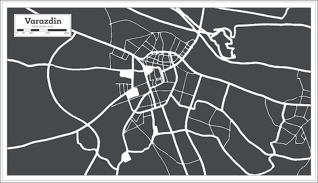 Карта города вараждин хорватия в черно-белом цвете в стиле ретро.