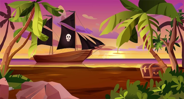 Varend piratenschip met zwarte vlaggen in de zee en borst aan de kust Houten zeilboot op het water Su