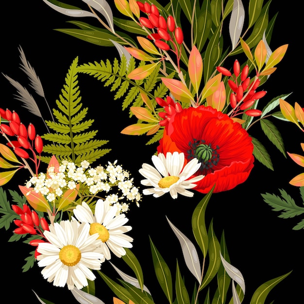Vector varicolored meadow flowers and greenery vector seamless background