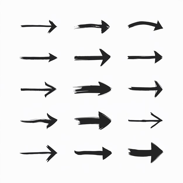 Diversi disegni a pennellata disegno a griglia di una freccia nera unica