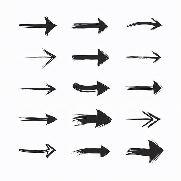 Vector varied brushstroke designs grid arrangement of unique black arrow