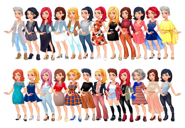 Vettore avatar di moda femminile vario. personaggi dei cartoni animati vettoriali con diversi abiti, scarpe e acconciature. sono tutti intercambiabili.