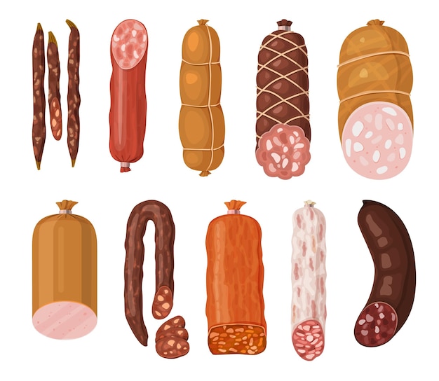 Variëteit aan gekookte worstjes en vlees Illustratie