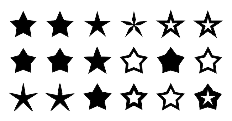 Vector variëteit van zwarte stervormen silhouetten en abstracte sterpictonen collectie op witte achtergrond
