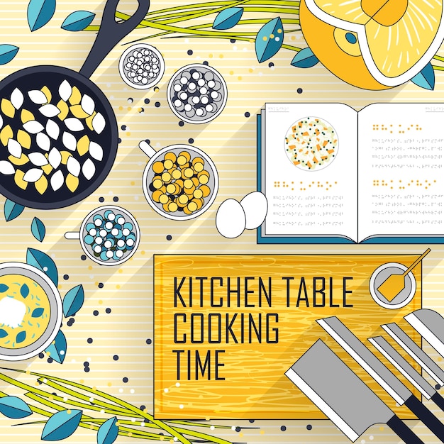 Vector variety cooking materials on kitchen table in line style