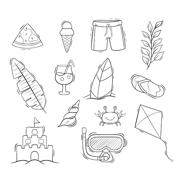 Variety of decorative summer items in handdrawn style