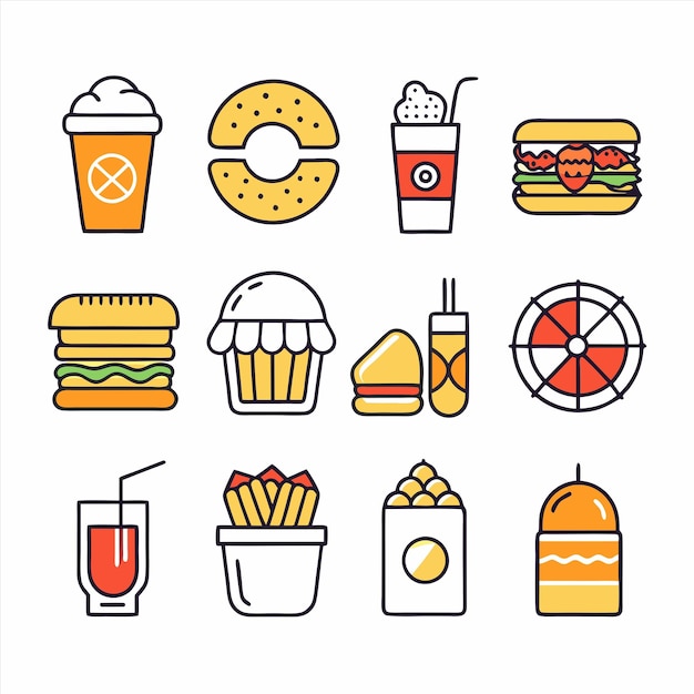 a variety of different types of food including a burger cupcake and a cup of coffee