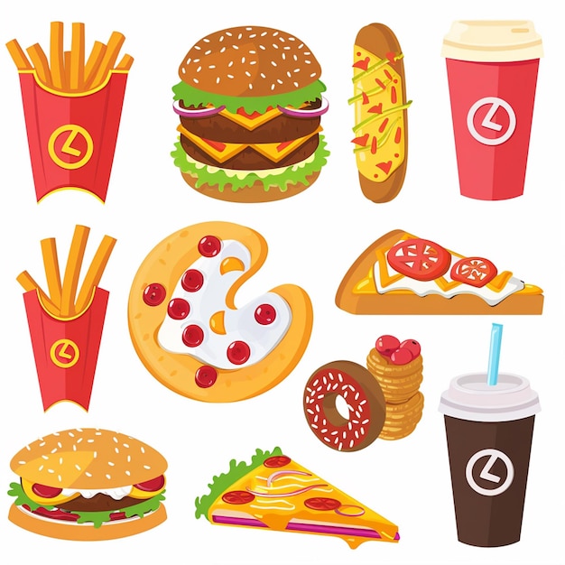 A variety of different types of food including burgers fries and a A variety of different types of food including burgers fries and a