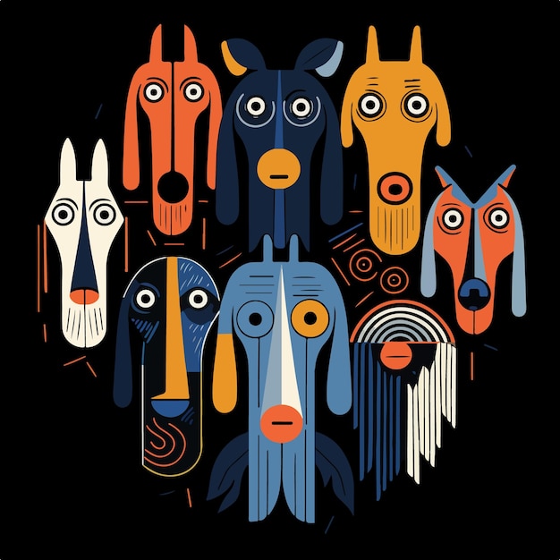 Vector a variety of dog heads in different colors