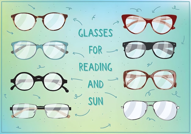 Variety of eyeglasses for reading and sun protection