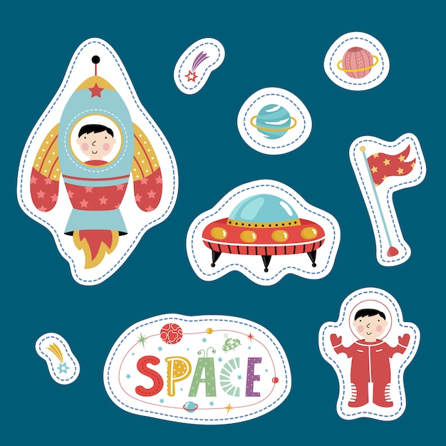 Vector variety forms stickers with space cartoons