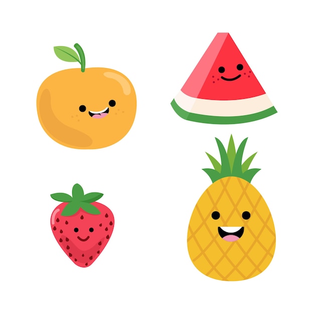 A variety of fresh and very cute fruit characters