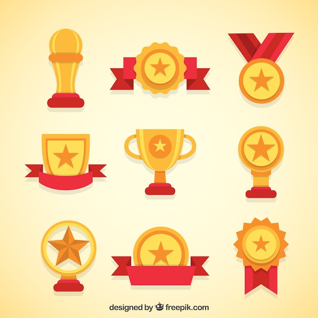 Variety of golden trophies and medals