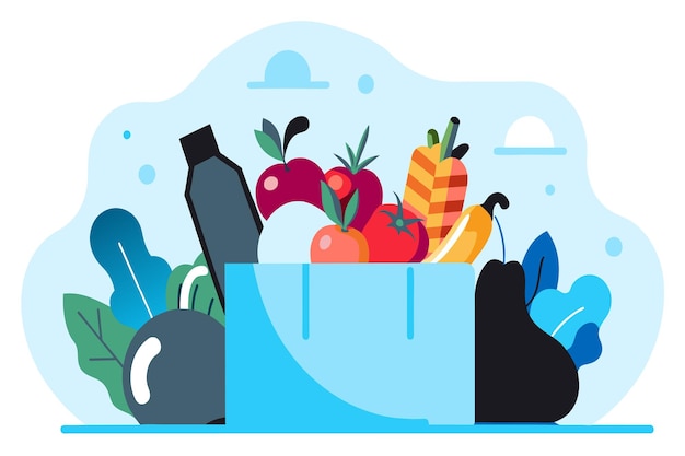 A variety of groceries including fruits vegetables and a bottle artfully arranged in a bag