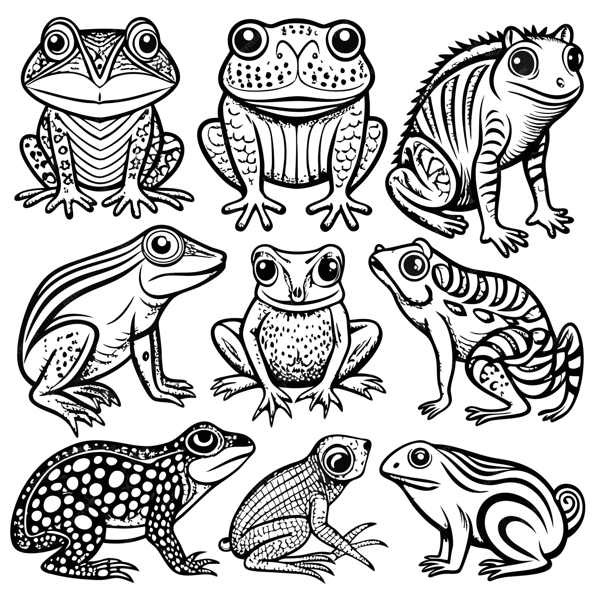 A variety of illustrated frogs and toads in a grid layout | Premium AI