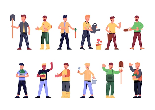 A variety of job bundles for hosting illustration work such as farmers, workers, treasure hunters, merchants, villagers. character sets, 12 poses bundle