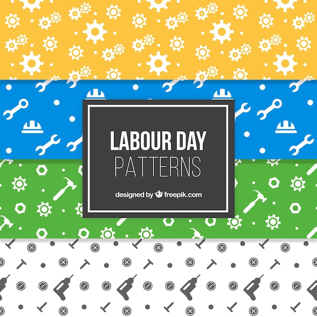 Variety of labour day patterns with tools in flat design