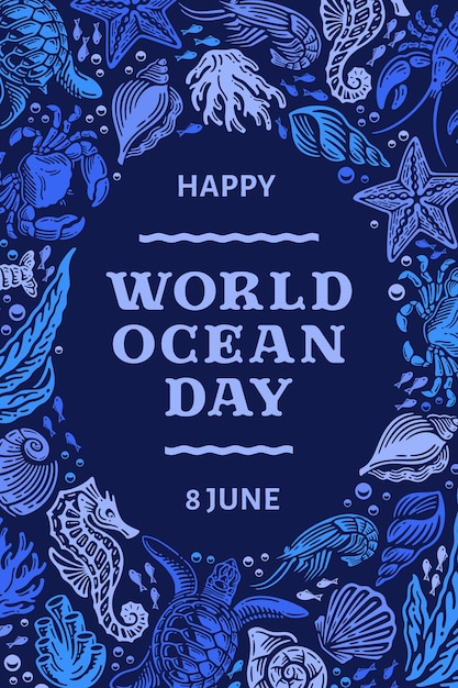 Vector variety of marine creatures doodle hand drawn world ocean day