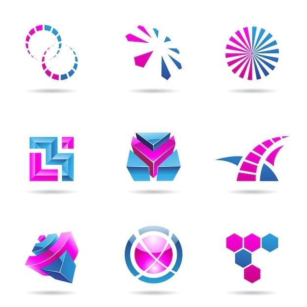 Vector various abstract blue and magenta geometrical icon set isolated on a white background