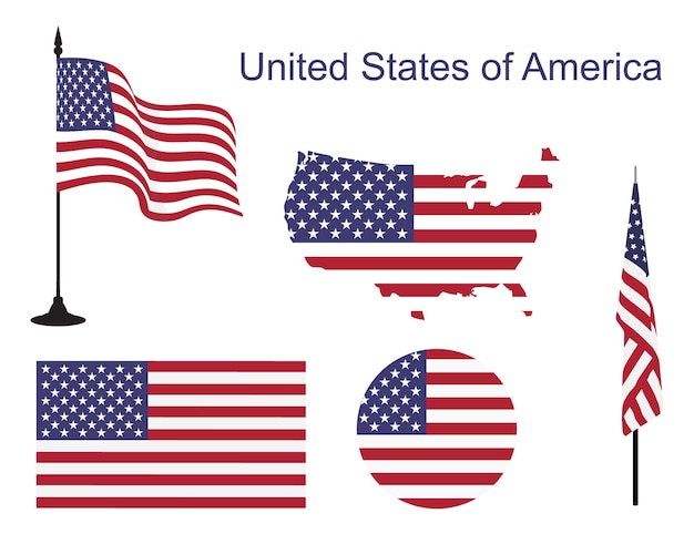 Vector various american flags set isolated on white background waving american flag on pole table flag and different shapes labels patriotic usa symbols vector