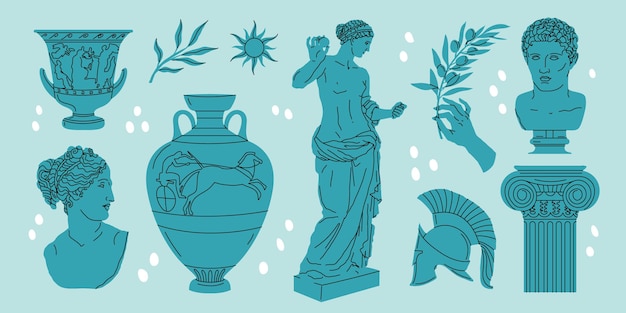 Vettore varie statue antiche teste di donna ramo anfora mano mitico stile greco antico