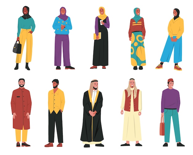 Vector various arabic people cartoon muslim male female characters persons in traditional arabian clothes woman in hijab man in islamic headwear vector set