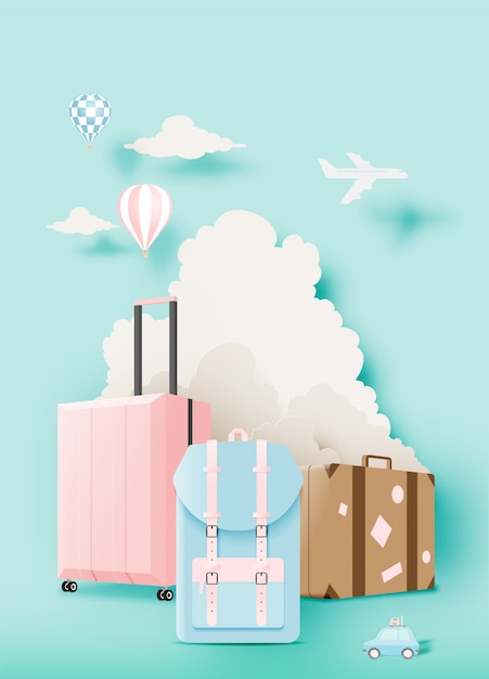 Various bag and luggage for travel in paper art style  