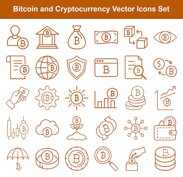ビットコインをテーマにした様々なラインアイコンが暗号通貨のさまざまな側面を示しています