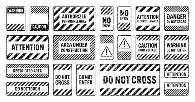 Various black grunge warning signs with diagonal lines old attention danger or caution sign
