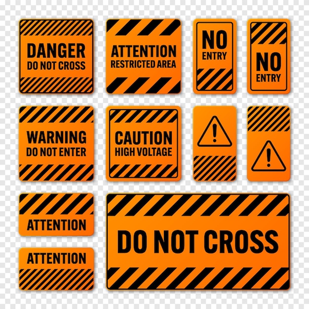 Vector various black and orange warning signs with diagonal lines attention danger or caution sign