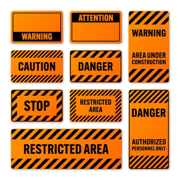 Various black and orange warning signs with diagonal lines attention danger or caution sign