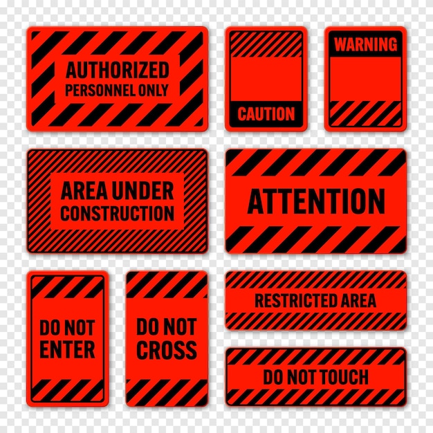 Vector various black and red warning signs with diagonal lines attention danger or caution sign