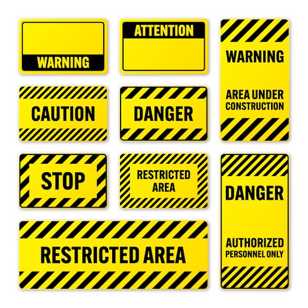 Vector various black and yellow warning signs with diagonal lines attention danger or caution sign