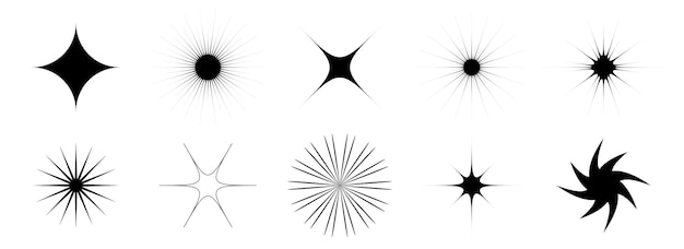 Vettore vari set di lampeggiamenti e scintillii collezione di stelle bling retrò effetto astratto di lucentezza starburst nero